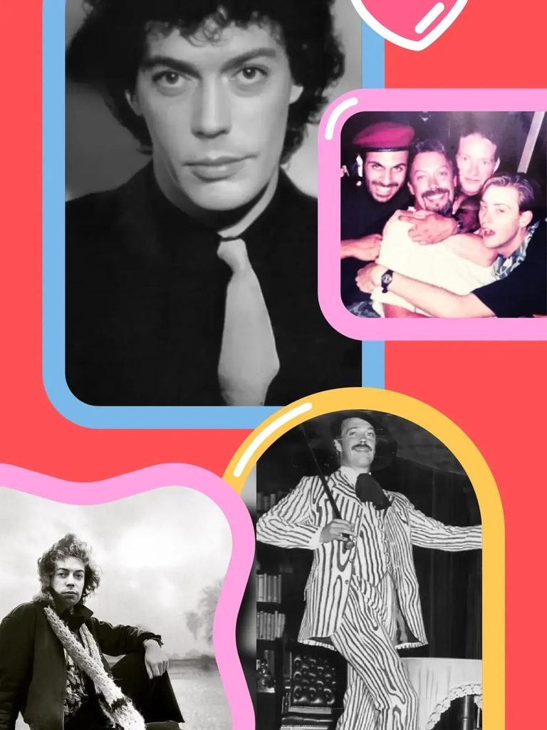 Collage of a theatrical actor in different stage and screen roles, featuring black-and-white portraits and a striped-suit performance