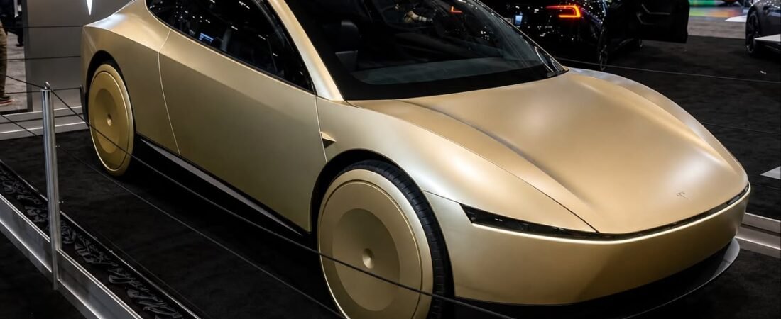 Tesla Cybercab displayed at an automotive exhibition