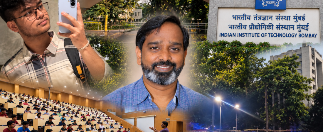 IIT Bombay campus with student, professor, lecture hall and protest scenes