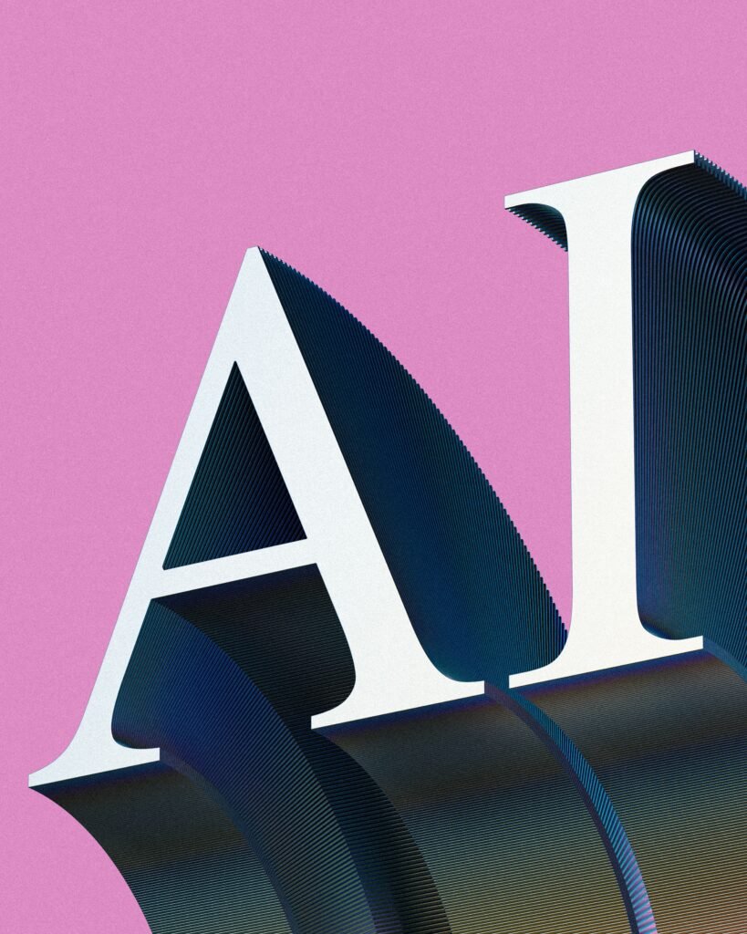 Large white three-dimensional letters spelling “AI” against a pink background, with dark ribbed sides and deep shadows.